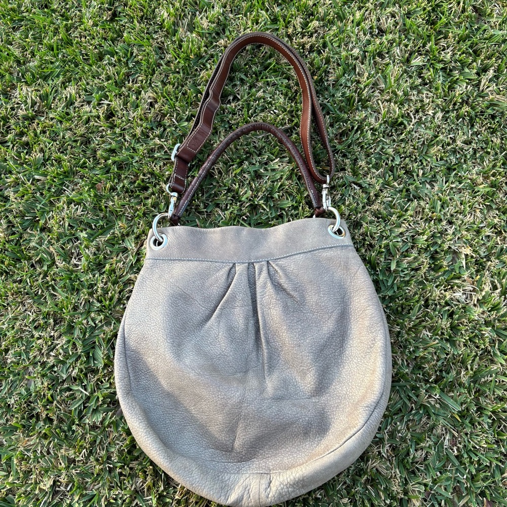 Roots grey and brown leather purse crossbody or shoulder silver hardware